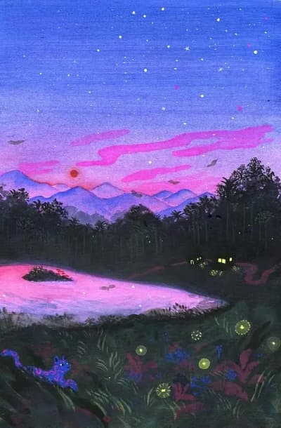 image montagne ciel violet bleu et forêt