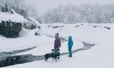 deux enfants sur le bord d'un ruisseau l'hiver